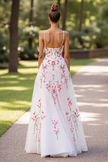 White Floral Spaghetti Straps A Line Wedding Dress